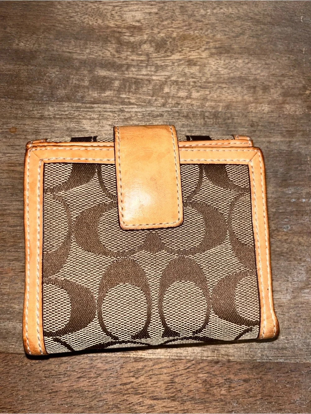 Coach Brown Signature Canvas Bifold Wallet with Tan Leather Trim